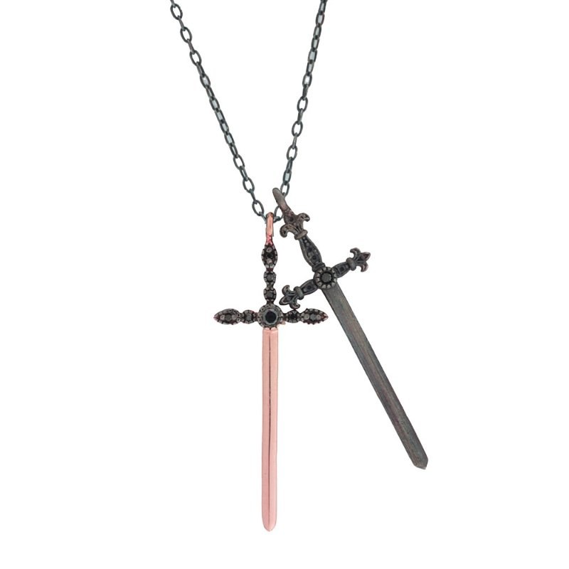 Jaeger, collier deux dagues croisées or et argent, diamants noirs